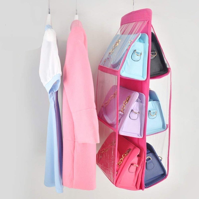 VEDVIT 6 Pockets Pouch Hanging Handbag Organizer Clear Purse Bag Collection Storage Holder Wardrobe Closet Space Saving Fabric for Living Room Bedroom Bathroom Home Use Pink - Image 3