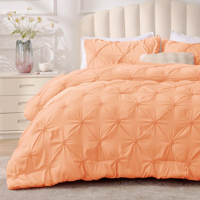 BEDELITE Apricot Queen Comforter Set - 3 Pieces Boho Pintuck Bedding Comforter Sets, Lightweight Soft & Warm Bed Comforter Queen with 2 Pillowcases for All Season - Image 1