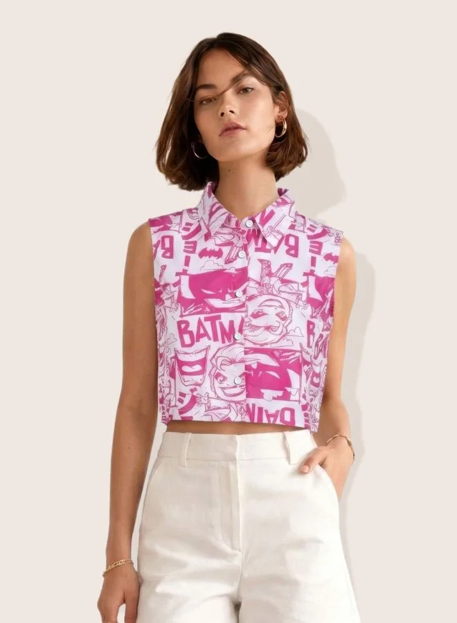 Women Relaxed Fit Character Round Neck Sleeveless Crop Shirt
