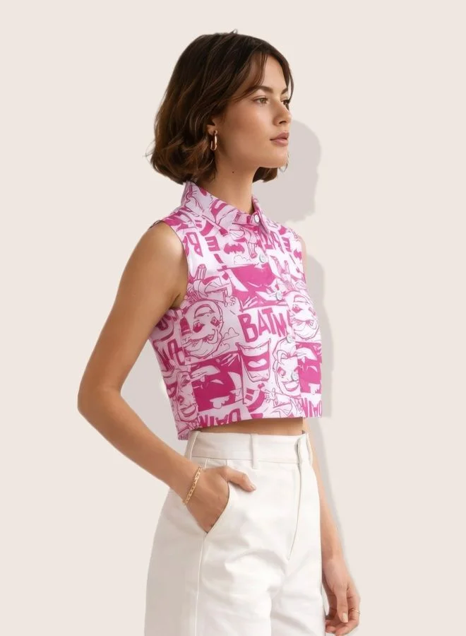 Freehand Women Relaxed Fit Character Round Neck Sleeveless Crop Shirt