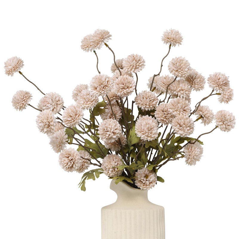 DuHouse 6pcs Artificial Flowers Faux Silk Pompon Mum,Silk Small Mini Chrysanthemum Ball with Stems for DIY Bouquets Centerpieces Vase Home Table Kitchen Decorations(Beige) - Image 1
