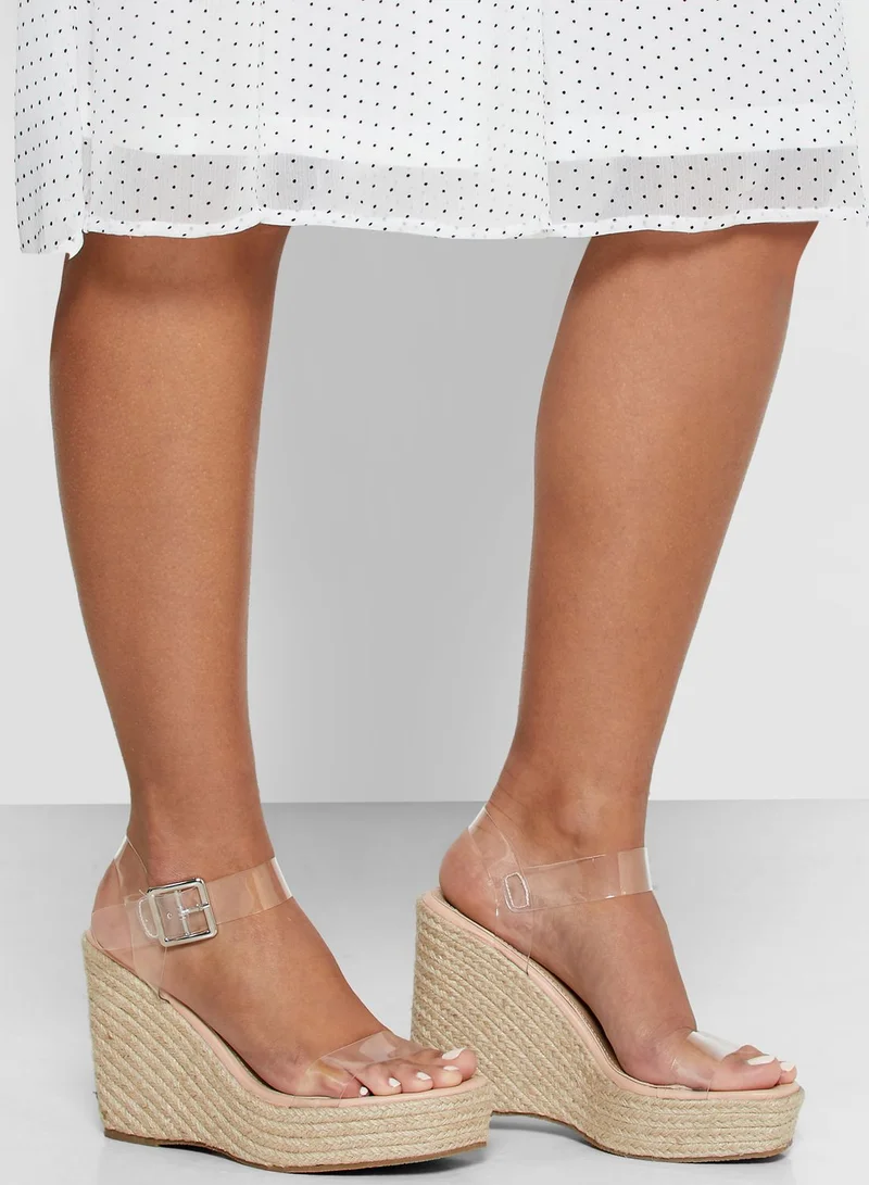 Truffle Clear Strap Square Toe Wedge Sandals