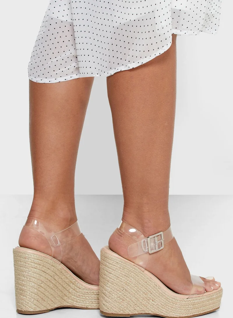 Truffle Clear Strap Square Toe Wedge Sandals