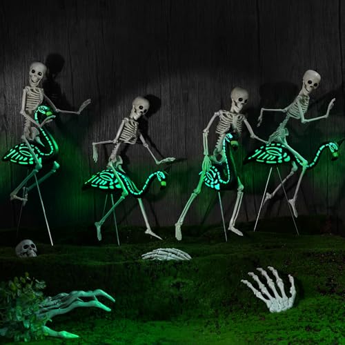 Simgoing 8 Pcs Halloween Skeleton Flamingo Decoration Outdoor Yard Ornament 15.7" Plastic Skeleton Decor with Posable Legs Flamingo Statue Decor for Yard Garden Lawn(Fluorescent,S,Stylish) - Image 1