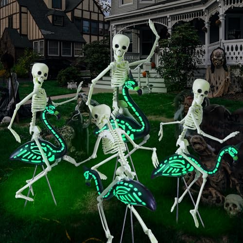 Simgoing 8 Pcs Halloween Skeleton Flamingo Decoration Outdoor Yard Ornament 15.7" Plastic Skeleton Decor with Posable Legs Flamingo Statue Decor for Yard Garden Lawn(Fluorescent,S,Stylish) - Image 5