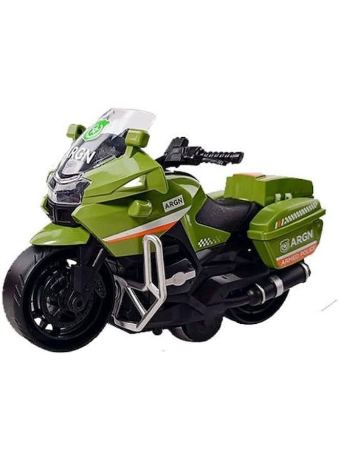 Die-Cast Police Motorcycle Toy, Green and Black, ARGN Series, Scale Model with Detailed Features