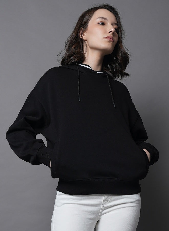 HIGH STAR Women's Black Cotton Blend Solid Pattern Regular Fit Sweatshirt  - Image 3
