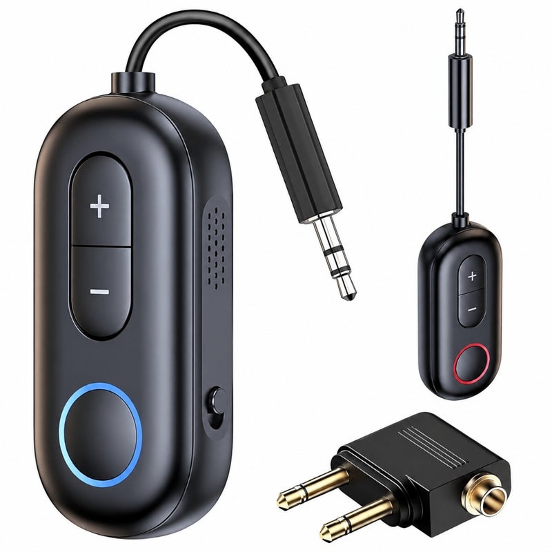 Wireless Audio Transmitter Receiver for Airplane, ABS Plastic, Black, 3.5mm Jack Compatibility with AirPods and Headphones - Image 1