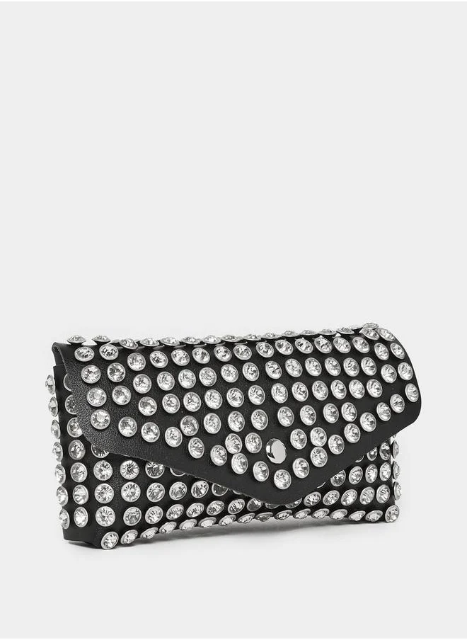 Styli Flap Over Embellished Clutch