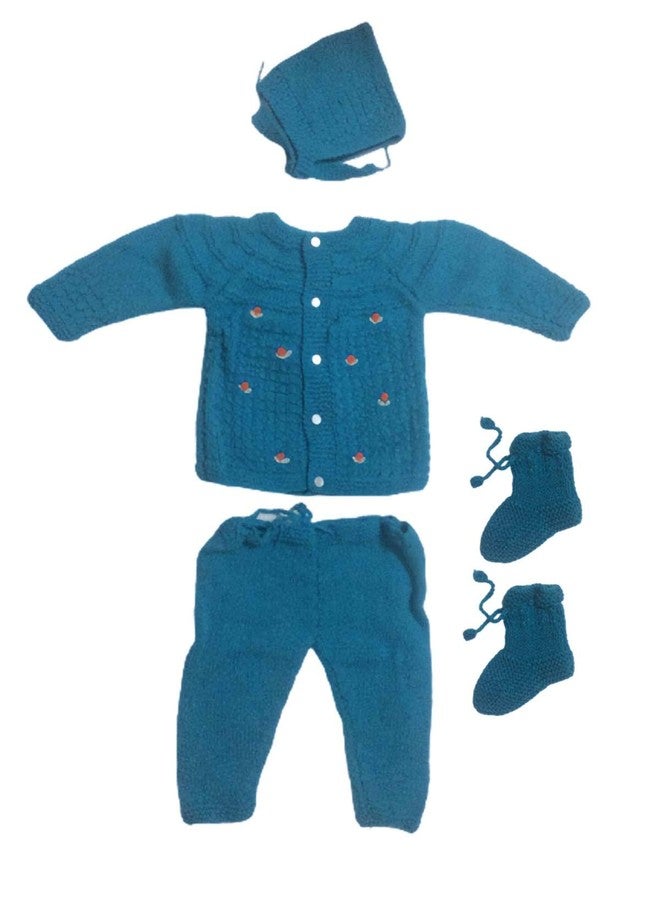 Cute Collection Hand Made Woolen Sweater with Pyjami Cap and Pair of Booties 6 to 12 Months Baby Boys and Girls Blue - Image 1