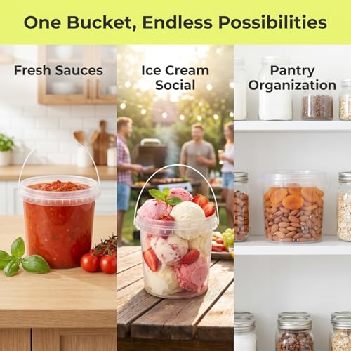 DOITOOL 2Pack Clear Plastic Bucket with Lid and Handle (1L) Ice Cream Tub with Lids, Food Grade Round Plastic Pail Container, Freezer Food Storage Containers - Image 2