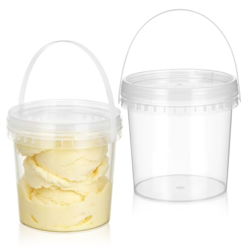 DOITOOL 2Pack Clear Plastic Bucket with Lid and Handle (1L) Ice Cream Tub with Lids, Food Grade Round Plastic Pail Container, Freezer Food Storage Containers - Image 1