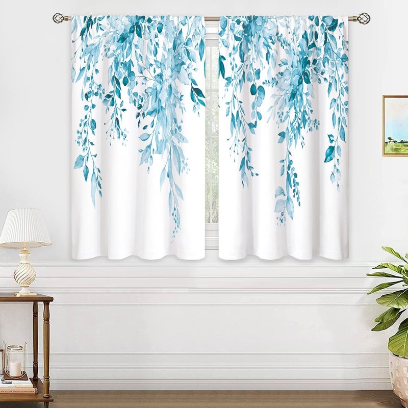 oolygoo Blue Eucalyptus Botanical Leaves Floral Kitchen Window Curtains Over Sink Farmhouse Flower Spring Small Window Treatment Cafe Short Curtains for Bathroom Treatment Tier Drapes27.5x39 inch - Image 4