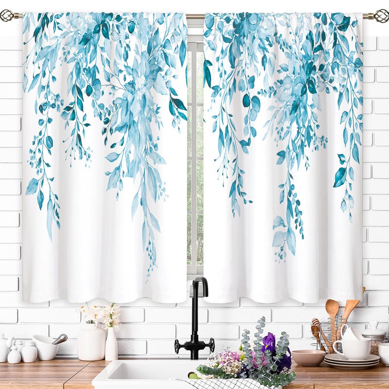 oolygoo Blue Eucalyptus Botanical Leaves Floral Kitchen Window Curtains Over Sink Farmhouse Flower Spring Small Window Treatment Cafe Short Curtains for Bathroom Treatment Tier Drapes27.5x39 inch - Image 3