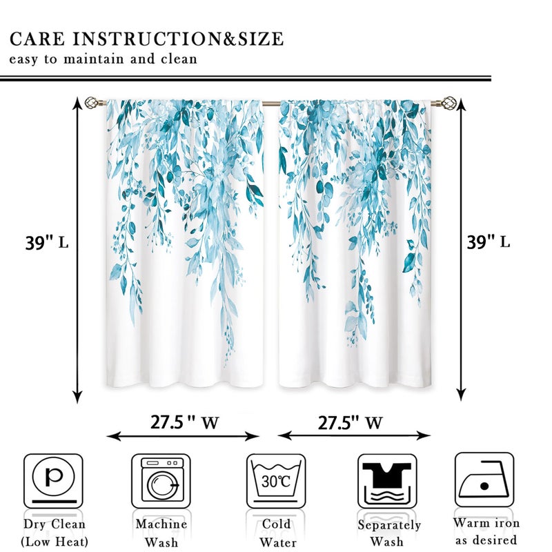 oolygoo Blue Eucalyptus Botanical Leaves Floral Kitchen Window Curtains Over Sink Farmhouse Flower Spring Small Window Treatment Cafe Short Curtains for Bathroom Treatment Tier Drapes27.5x39 inch - Image 2