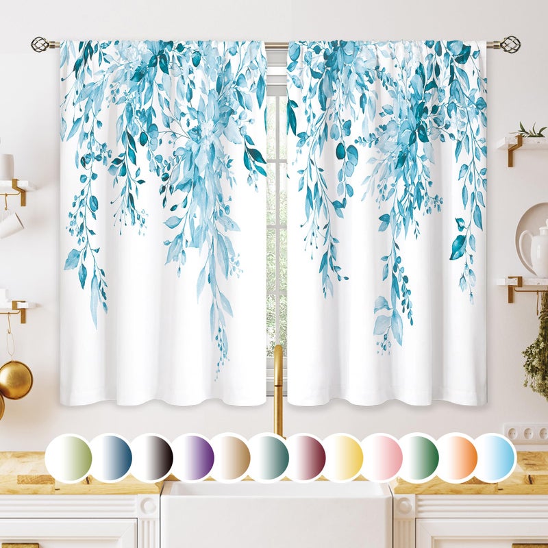 oolygoo Blue Eucalyptus Botanical Leaves Floral Kitchen Window Curtains Over Sink Farmhouse Flower Spring Small Window Treatment Cafe Short Curtains for Bathroom Treatment Tier Drapes27.5x39 inch - Image 1