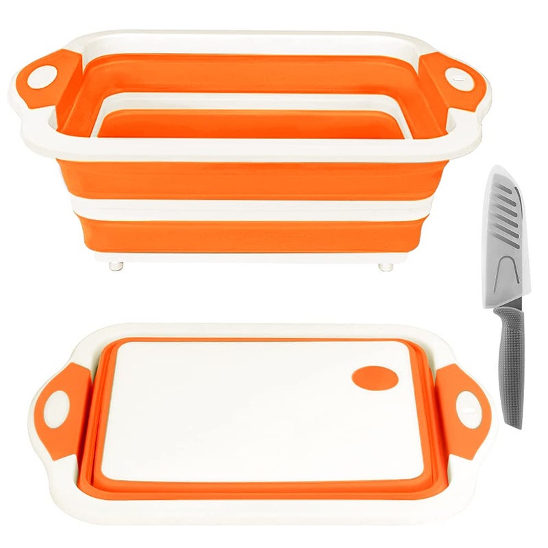 Rottogoon Collapsible Cutting Board Foldable Chopping Board with Colander Multifunctional Kitchen Vegetable Washing Basket Silicone Dish Tub for BBQ PrepPicnicCampingOrange