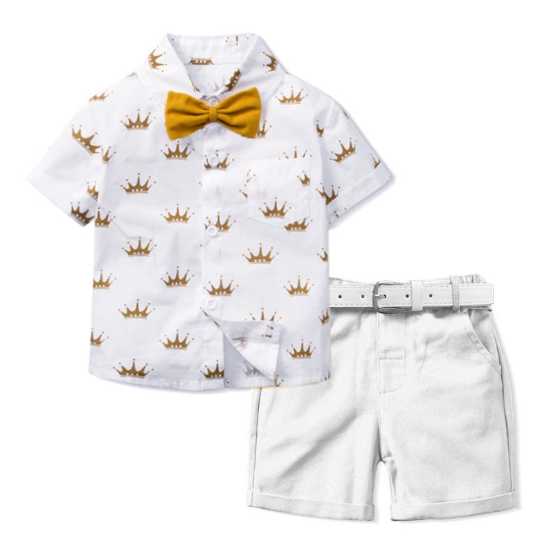 Summer New Gentleman Baby Suit Short Sleeve Shorts Set White  - Image 1