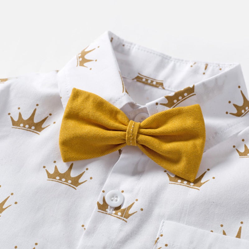 Summer New Gentleman Baby Suit Short Sleeve Shorts Set White  - Image 5