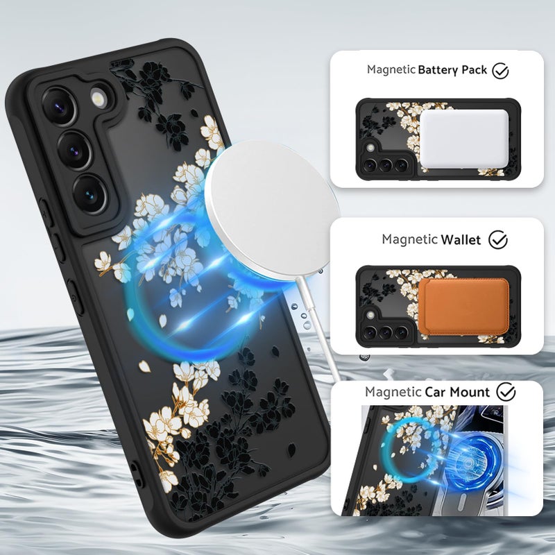 OOK Case Fit for Samsung Galaxy S22 6.2 Inch (Wireless Charging Compatible) White Floral Flowers Design Translucent Phone Cover Soft TPU + Hard PC Anti-Scratch Shockproof Magnetic Case for Women - Image 2