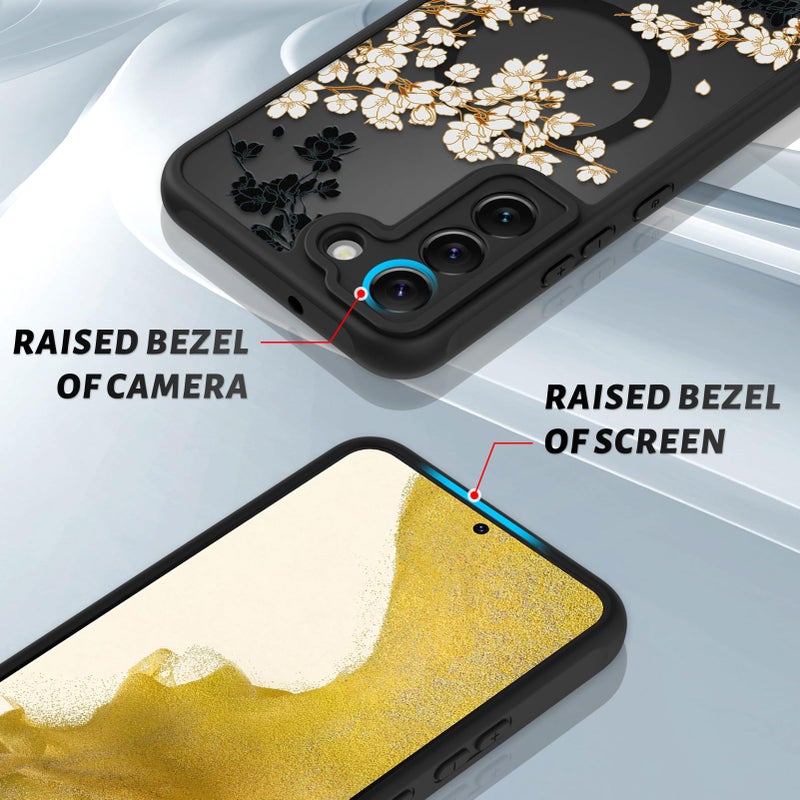 OOK Case Fit for Samsung Galaxy S22 6.2 Inch (Wireless Charging Compatible) White Floral Flowers Design Translucent Phone Cover Soft TPU + Hard PC Anti-Scratch Shockproof Magnetic Case for Women - Image 3