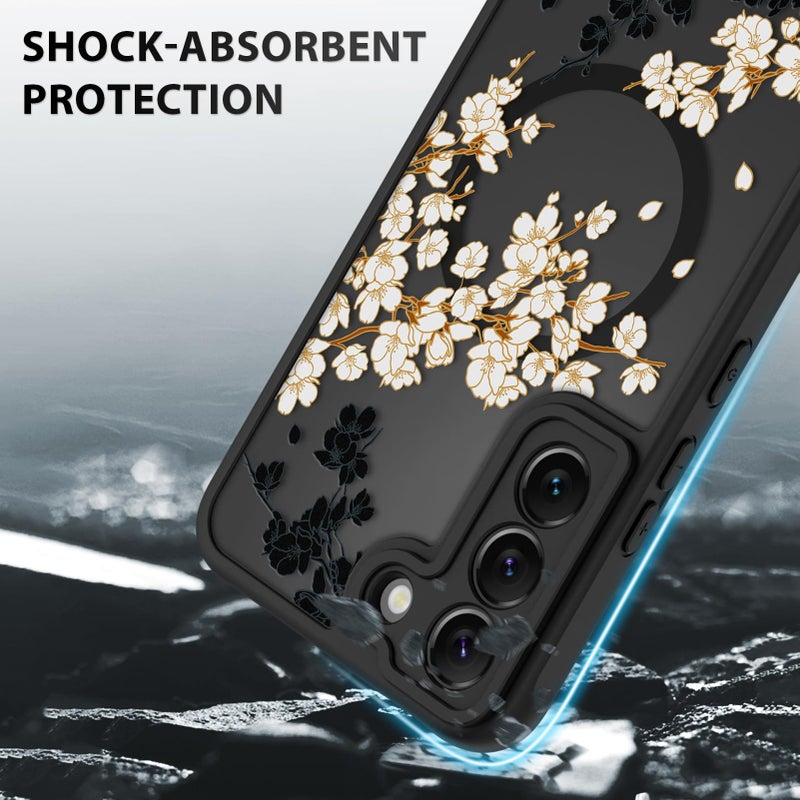 OOK Case Fit for Samsung Galaxy S22 6.2 Inch (Wireless Charging Compatible) White Floral Flowers Design Translucent Phone Cover Soft TPU + Hard PC Anti-Scratch Shockproof Magnetic Case for Women - Image 4
