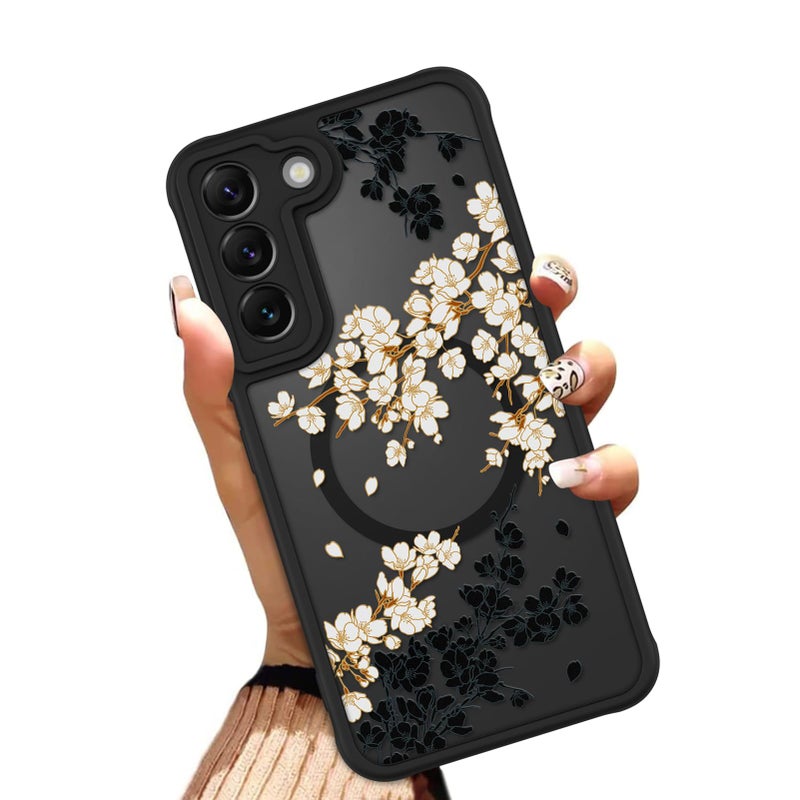 OOK Case Fit for Samsung Galaxy S22 6.2 Inch (Wireless Charging Compatible) White Floral Flowers Design Translucent Phone Cover Soft TPU + Hard PC Anti-Scratch Shockproof Magnetic Case for Women - Image 1