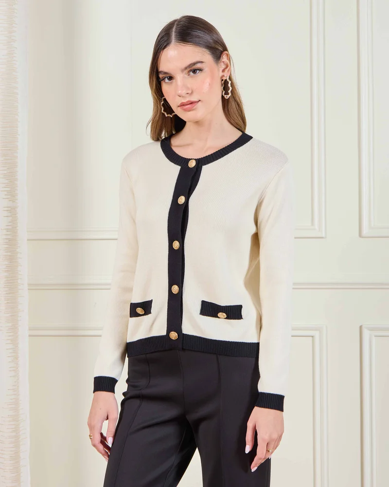REDTAG Women Cardigan With Contrast Placket & Pocket Details