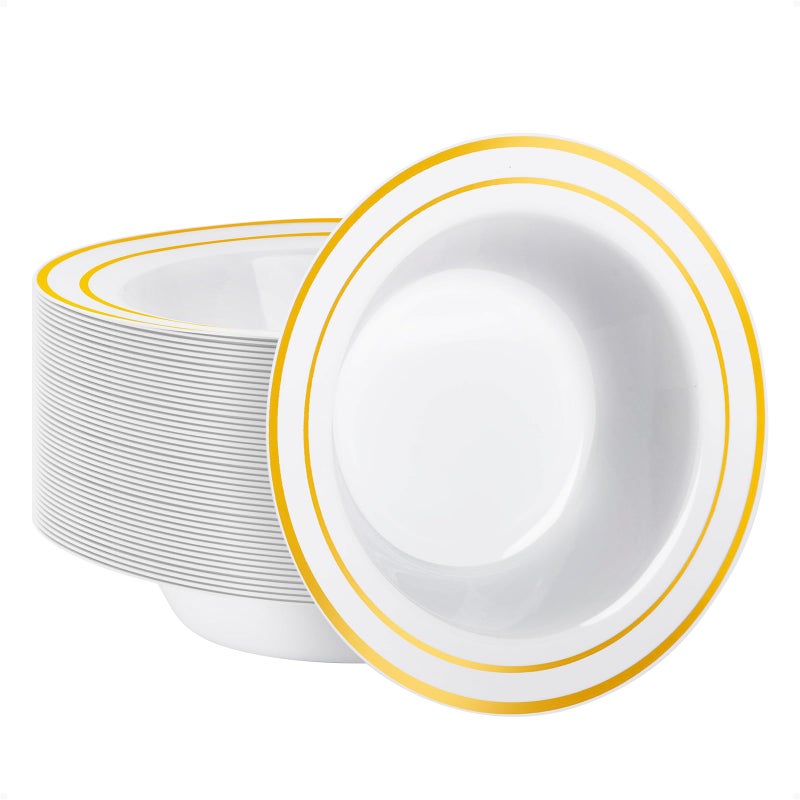 Goodluck 50 Pack Plastic Bowls with Gold Rim 12oz Disposable Soup Bowls Heavy Duty Dessert Bowls for Weddings Parties Dinners Catering Thanksgiving and Everyday Use