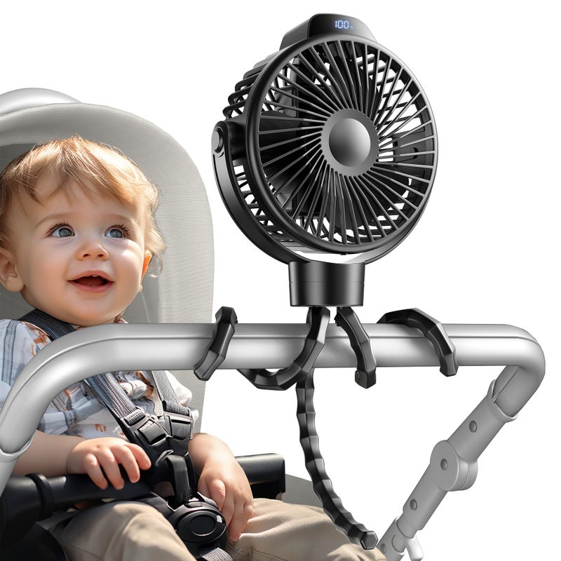 Koonie Portable Stroller Fan For Baby  Rechargeable Battery Operated  3 Speeds  360 Rotation  25Db Low Noise Digital Display  Detachable Flexible Tripod Clip-On Car Seats  Tent  Crib  Treadmill - Image 1