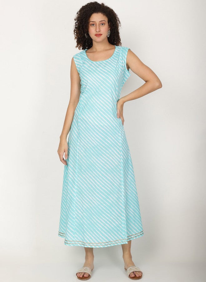 Rue Collection Turquoise Striped A-Line Kurta for Women - Image 1