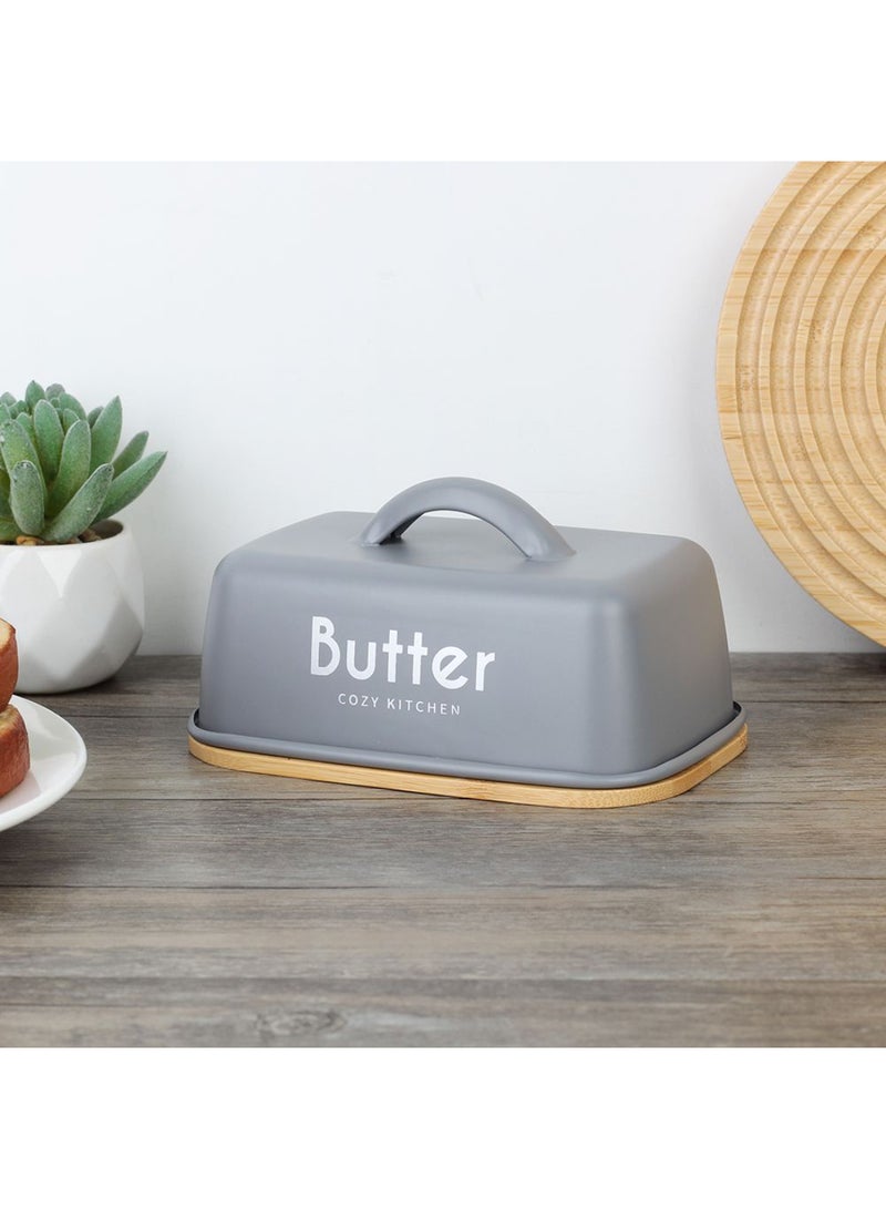 DANUBE HOME Gravitas Butter Dish with Metal Handle & Bamboo Base – Stylish Kitchen Butter Keeper, Durable Covered Butter Tray, Eco-Friendly Bamboo Design, Perfect for Modern Home Kitchens L9.8 X W15 X H5.8~7.6 Cm Grey - Image 1