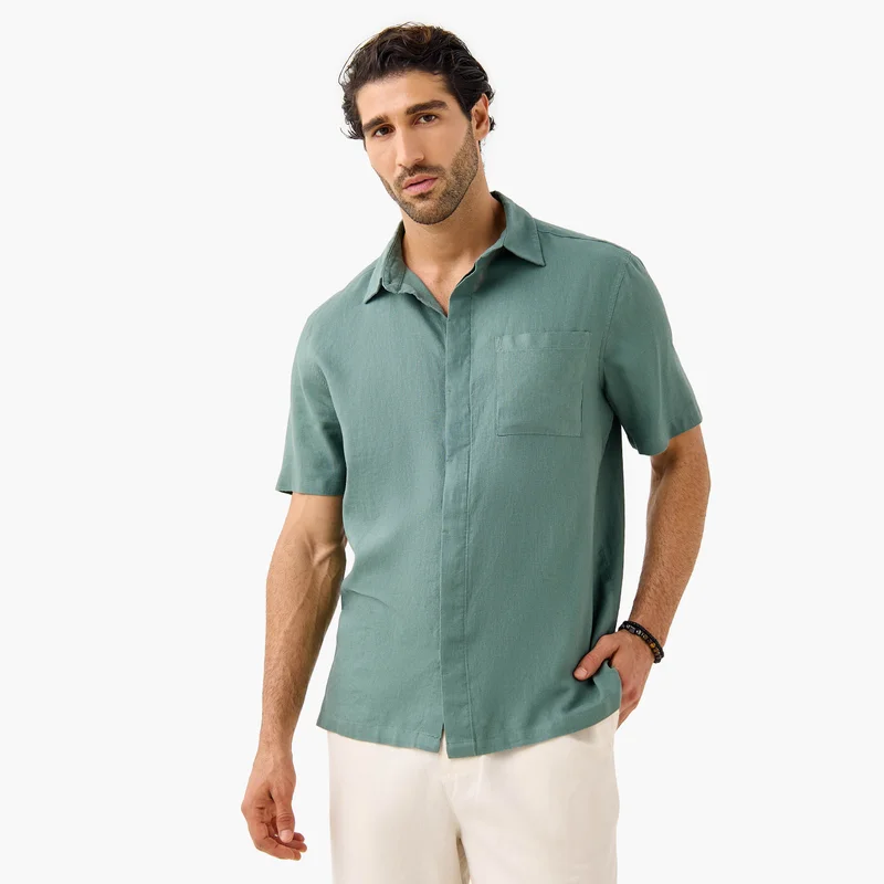 Splash FAV Regular Fit Linen Blend Collared Shirt with Chest Pocket