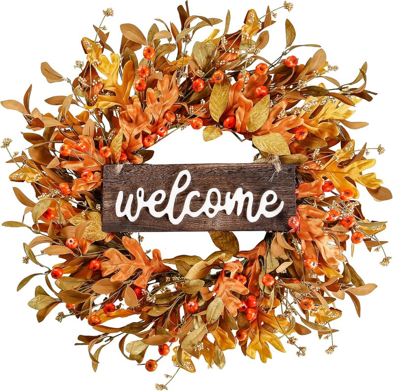 Sggvecsy Artificial Fall Wreath  18 Autumn Front Door Wreath with Fall Leaves Small Pumpkins Cluster of Berries for Outside Indoor Wall Window Festival Thanksgiving Decor - Image 1