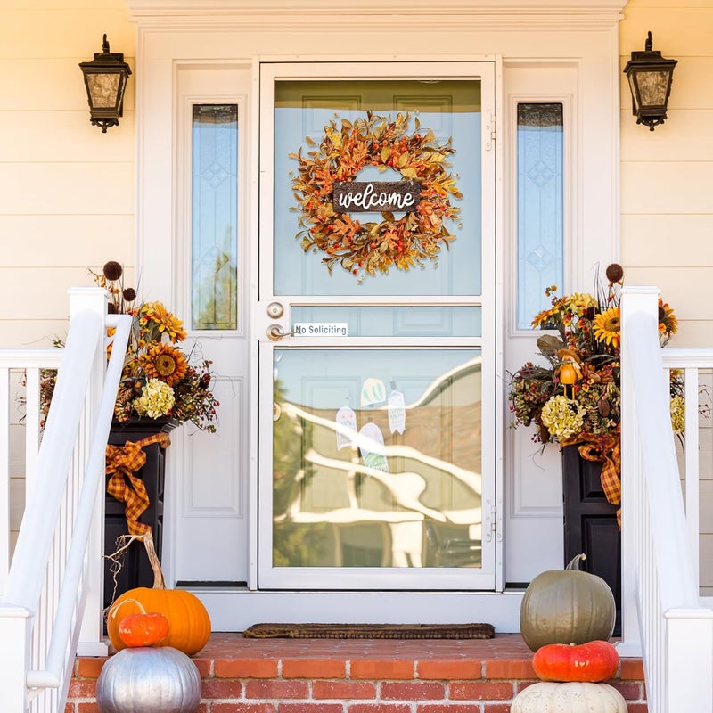 Sggvecsy Artificial Fall Wreath  18 Autumn Front Door Wreath with Fall Leaves Small Pumpkins Cluster of Berries for Outside Indoor Wall Window Festival Thanksgiving Decor - Image 2