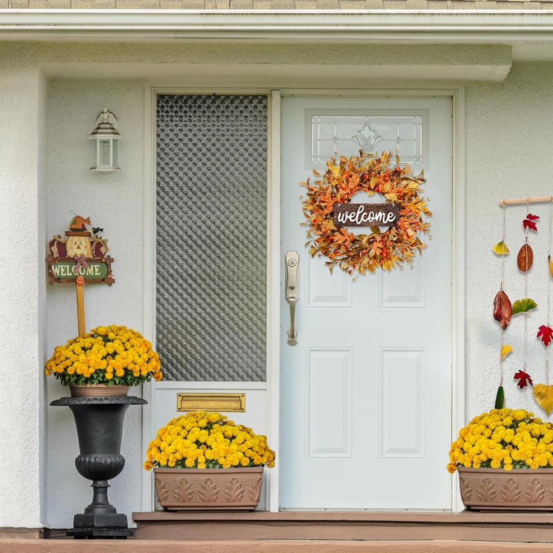 Sggvecsy Artificial Fall Wreath  18 Autumn Front Door Wreath with Fall Leaves Small Pumpkins Cluster of Berries for Outside Indoor Wall Window Festival Thanksgiving Decor - Image 5