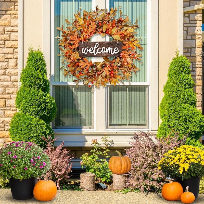 Sggvecsy Artificial Fall Wreath  18 Autumn Front Door Wreath with Fall Leaves Small Pumpkins Cluster of Berries for Outside Indoor Wall Window Festival Thanksgiving Decor - Image 4