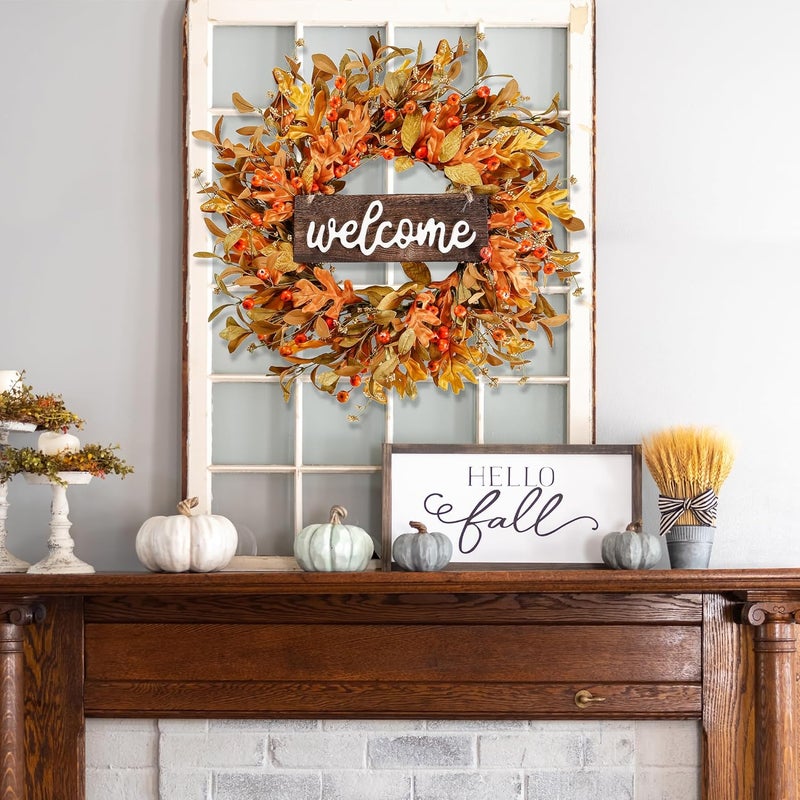 Sggvecsy Artificial Fall Wreath  18 Autumn Front Door Wreath with Fall Leaves Small Pumpkins Cluster of Berries for Outside Indoor Wall Window Festival Thanksgiving Decor - Image 3