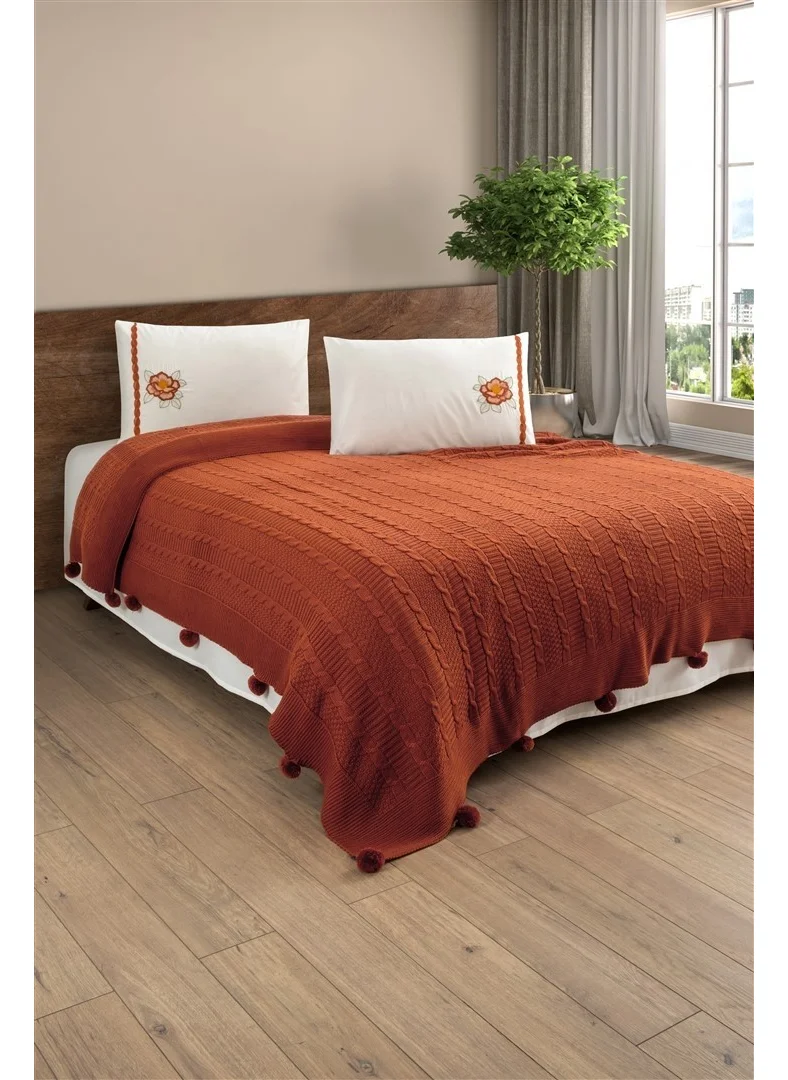 Sevim Knitted Blanket Set - Double 4 Piece & Embroidered Bed Set - Tivoli Rosetta - Terracota