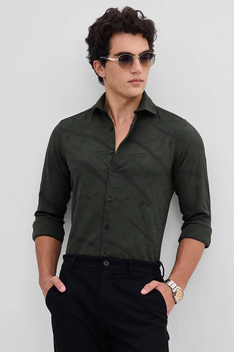 سنيتش Dark Green Abstract Long Sleeve Slim Fit Streetwear Shirt