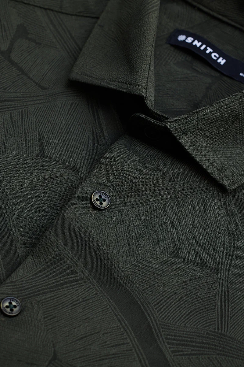 سنيتش Dark Green Abstract Long Sleeve Slim Fit Streetwear Shirt