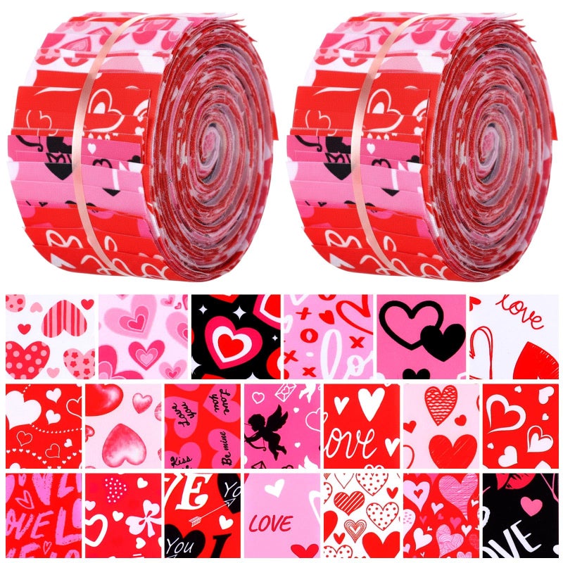 Tegeme 40 Pcs Valentine's Day Quilting Fabric Roll Cotton Red Pink Heart Romantic Quilting Patchwork 2.6 Inch Precut Patchwork Roll Decorative Sewing DIY Crafts for Valentine's Wedding (Classic) - Image 1