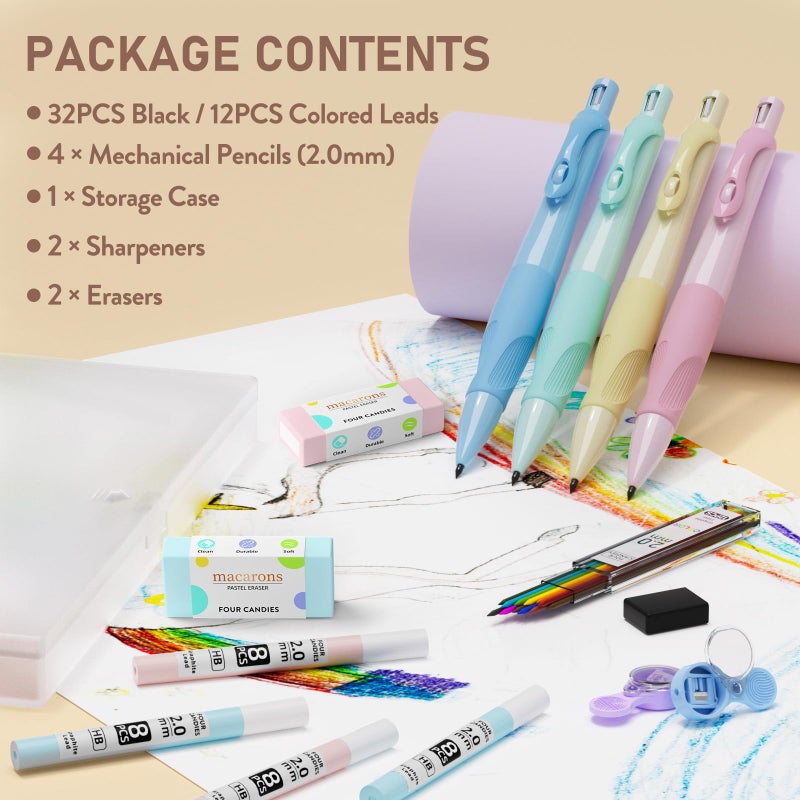 Four Candies قلم رصاص ميكانيكي 2.0 مم من فور كاندي مع مقبض مريح مريح، 4 قطع أقلام ميكانيكية لطيفة مع 44 قطعة من إعادة التعبئة، 2 قطعة من المبراة/الممحاة، لوازم مدرسية جمالية للأطفال للكتابة والرسم - Image 5