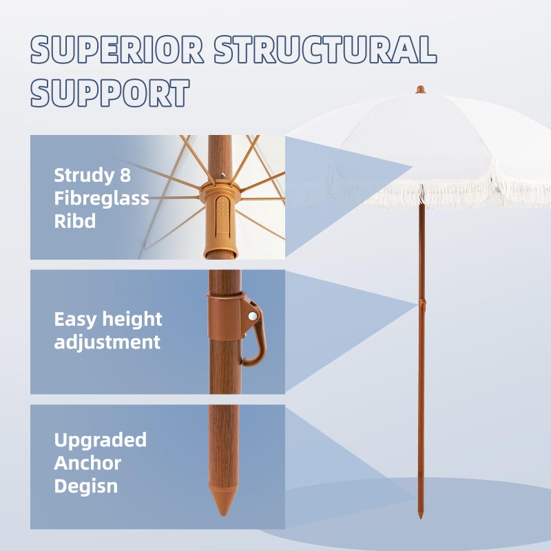 Aoxun 7ft Patio Umbrella with Fringe,Outdoor Beach Umbrella with Aluminum Pole, Ribs Push Button Tilt and Carry Bag, UV 50+ Picnic Tassel Umbrella (White) - Image 3