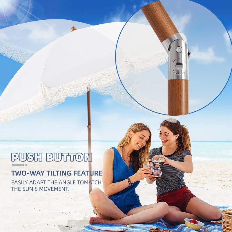 Aoxun 7ft Patio Umbrella with Fringe,Outdoor Beach Umbrella with Aluminum Pole, Ribs Push Button Tilt and Carry Bag, UV 50+ Picnic Tassel Umbrella (White) - Image 4