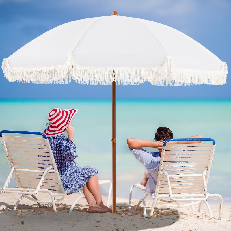 Aoxun 7ft Patio Umbrella with Fringe,Outdoor Beach Umbrella with Aluminum Pole, Ribs Push Button Tilt and Carry Bag, UV 50+ Picnic Tassel Umbrella (White) - Image 1