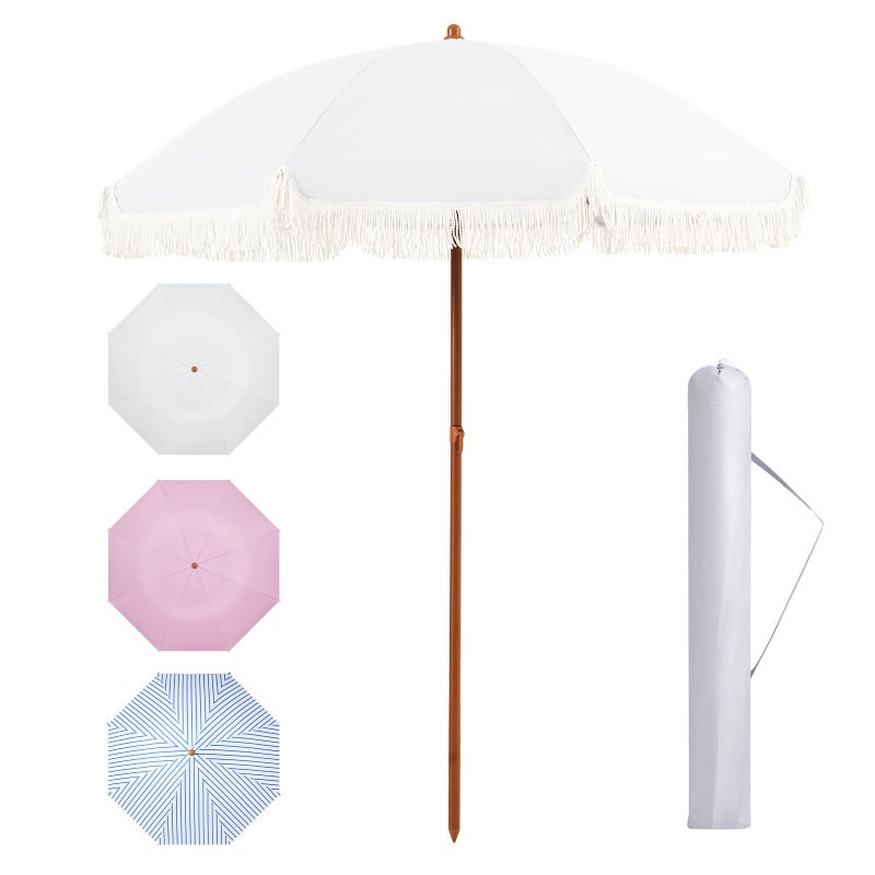 Aoxun 7ft Patio Umbrella with Fringe,Outdoor Beach Umbrella with Aluminum Pole, Ribs Push Button Tilt and Carry Bag, UV 50+ Picnic Tassel Umbrella (White) - Image 2