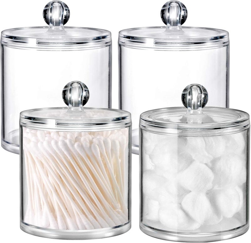 MEETOZ 2 Pack Qtip Holder Dispenser for Cotton Ball, Cotton Swab, Cotton Round Pads, Floss - Clear Plastic Apothecary Jar Set for Bathroom Canister Storage Vanity Makeup Organizer (4 Pack) - Image 1