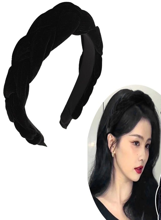 RFTWXHPN Black Velvet Braided Headbands for Women Padded Wide Hair Bands Braid Headband for Women Girls Non Slip Thick Braided Head Bands Chunky Puffy Hair Hoop Band Braids Headband - Image 1