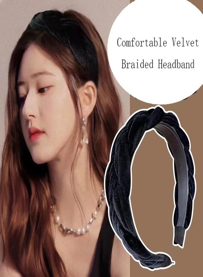 RFTWXHPN Black Velvet Braided Headbands for Women Padded Wide Hair Bands Braid Headband for Women Girls Non Slip Thick Braided Head Bands Chunky Puffy Hair Hoop Band Braids Headband - Image 2